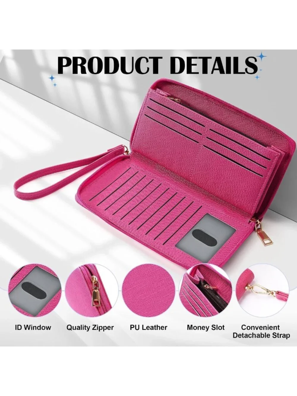 Vegan Leather Clutch Wallet for Women - Zip Closure, Hand Strap, Large Capacity